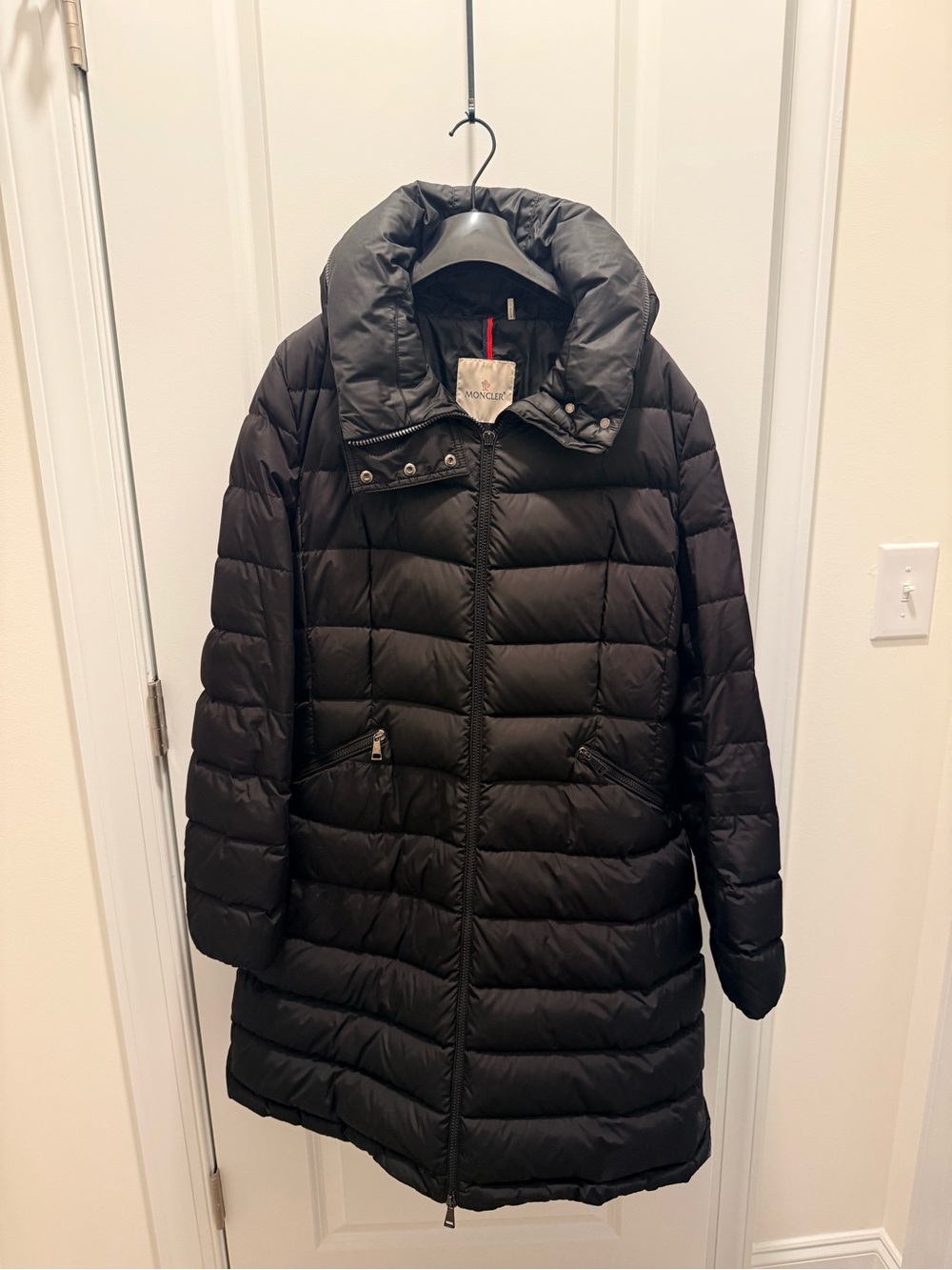 Moncler Flammette Black Long Down Puffer Coat | Hooded Jacket Size L
